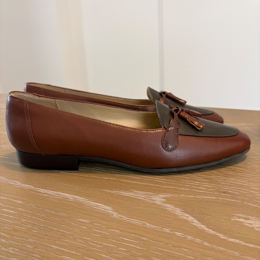 Selby Chic Brown Olive Leather Tassel Loafers Womens 8.5 N Vintage Brazil Flats